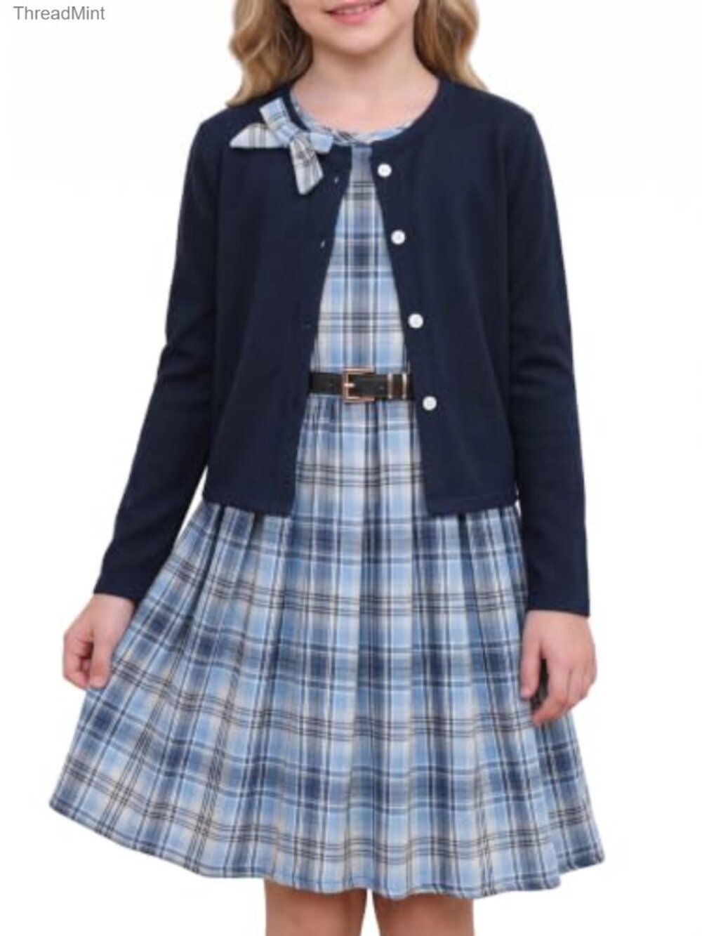 Girls Plaid Dress with Cardigan 3-Piece Outfit Set with Belt